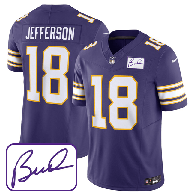 Men's Minnesota Vikings #18 Justin Jefferson Purple 2023 F.U.S.E. Bud Grant patch Limited Stitched Jersey